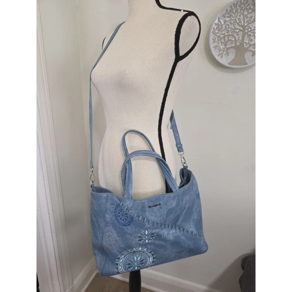 VeryRare Desigual Denim LightBlueWash Boho Embroidered&Embosd Lg Tote Bag HtFEuC